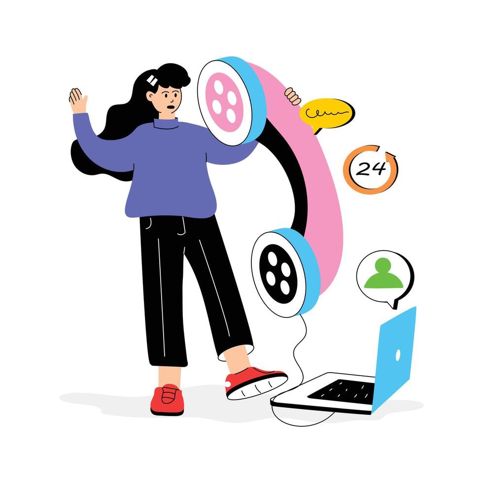 A girl managing calls and online communications, trendy illustration of customer service vector