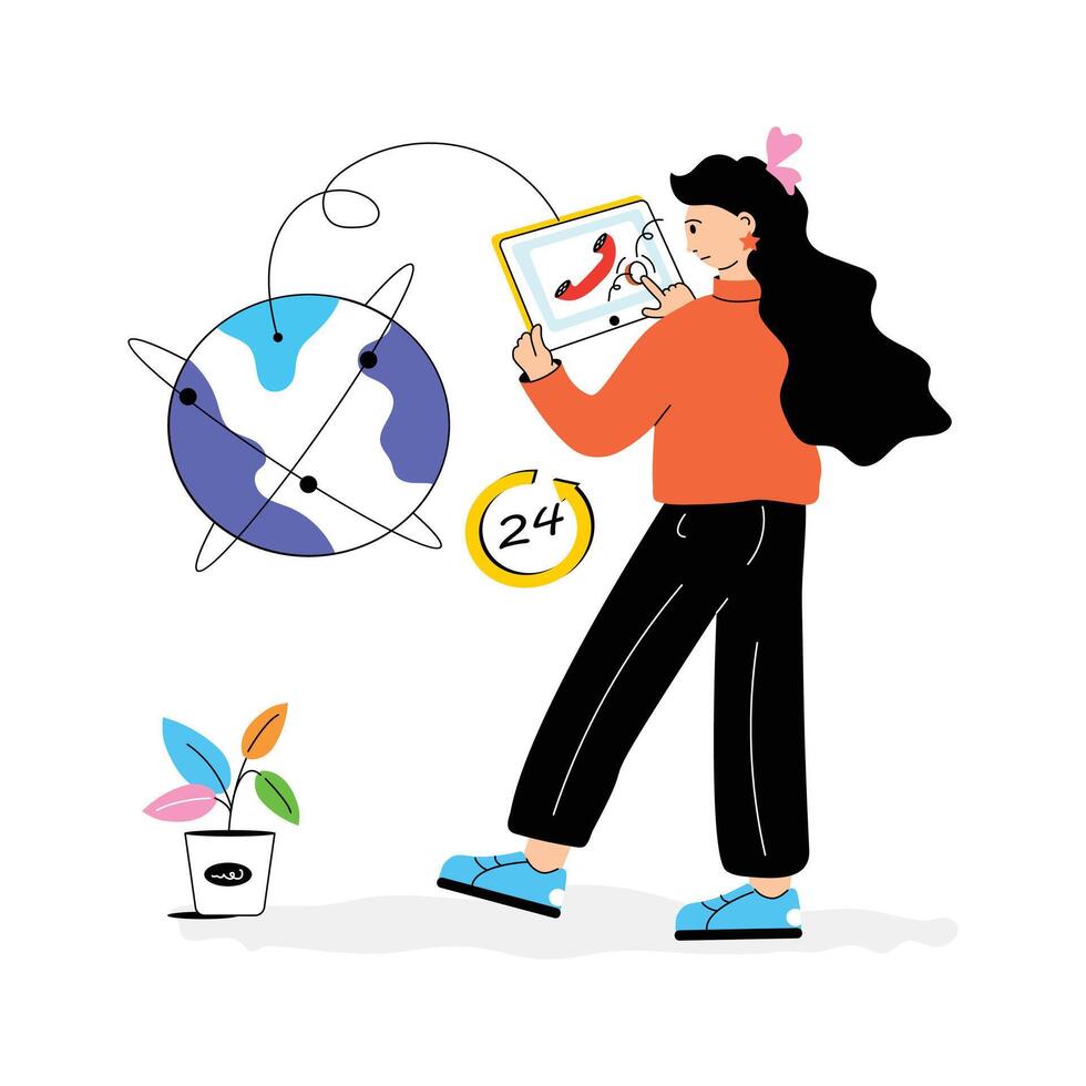 An illustration depicting 24,7 global customer support with a woman using a tablet. vector