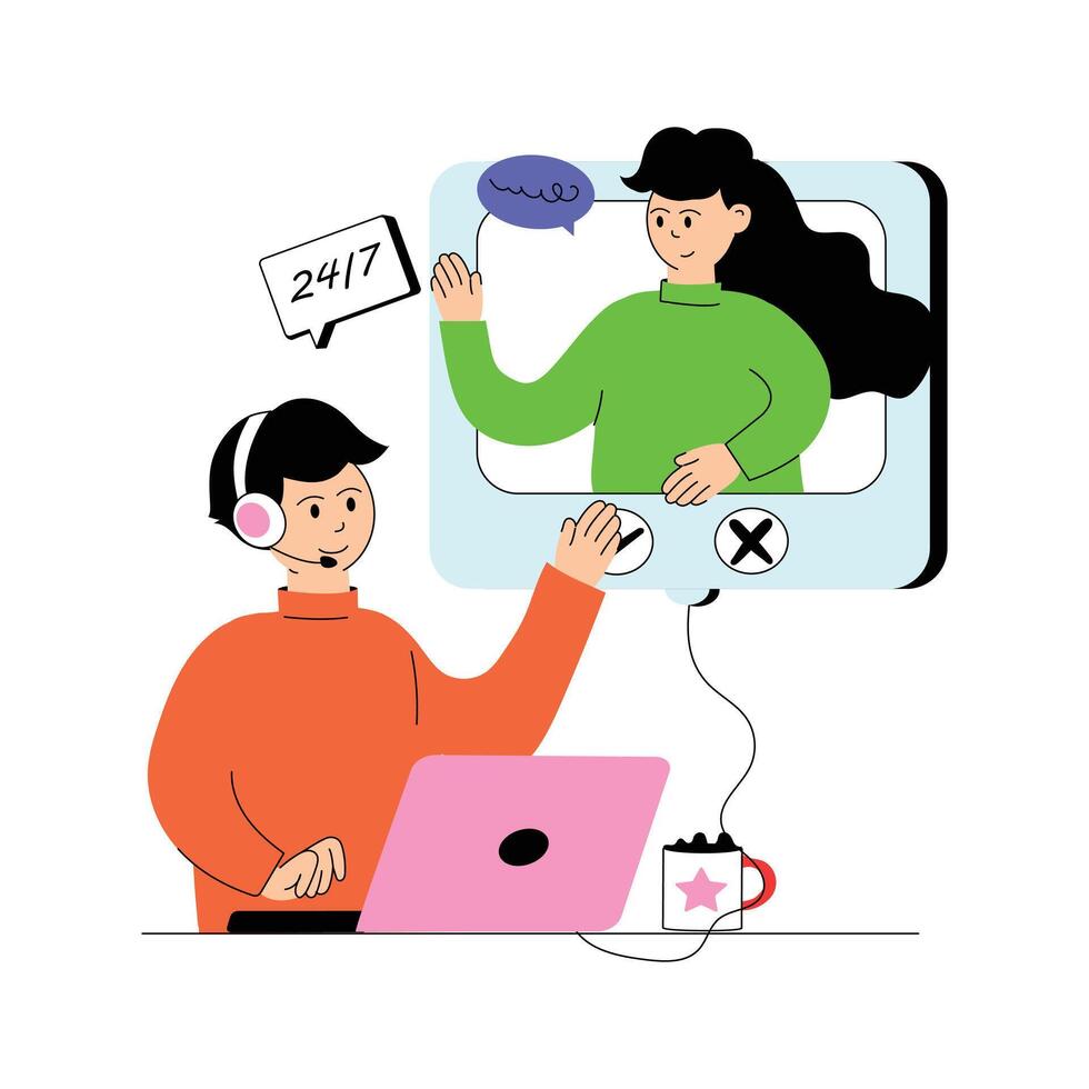 Illustration of a call operator with headset, interacting in real-time communication. vector