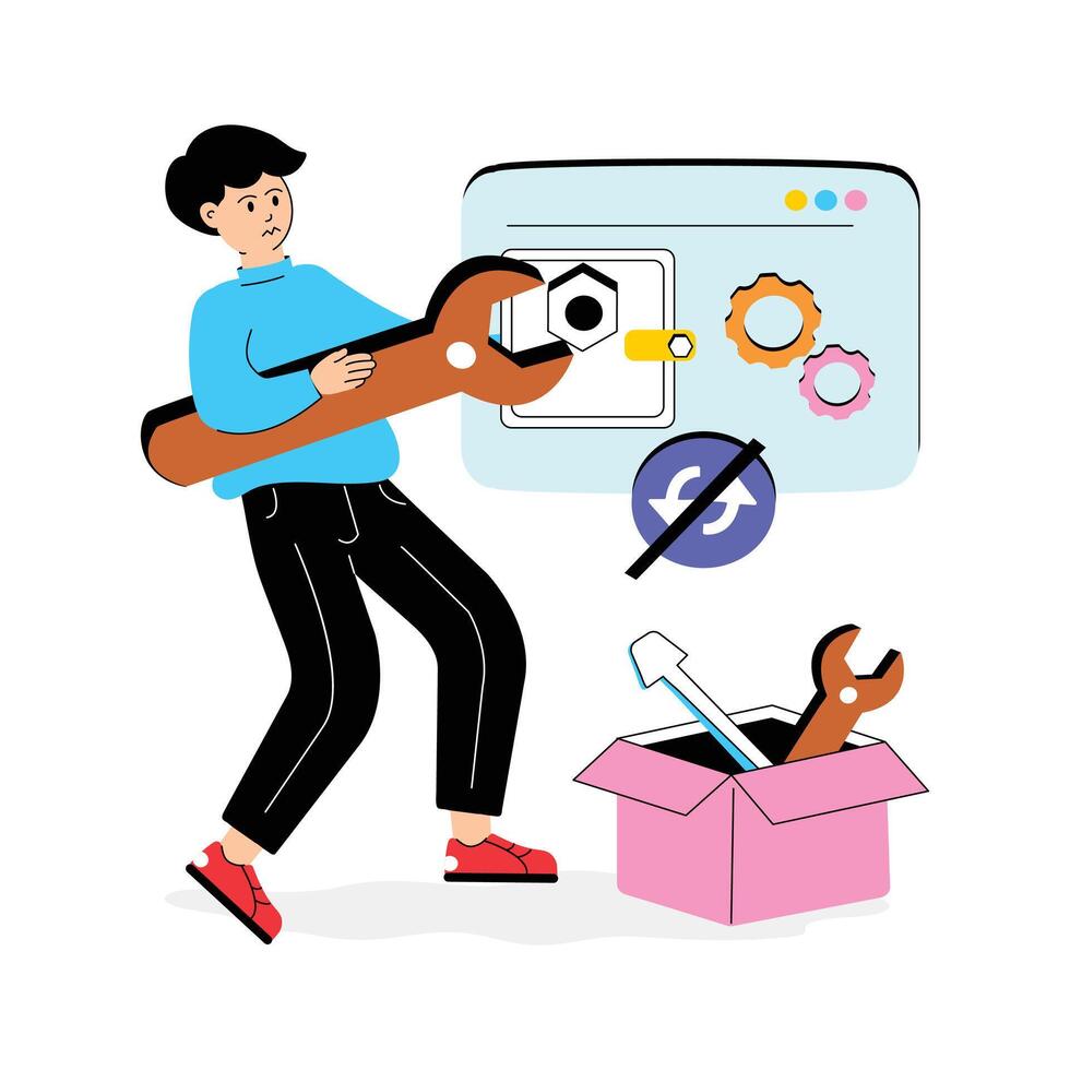 A person performing website maintenance with tools and gears. Web development illustration vector