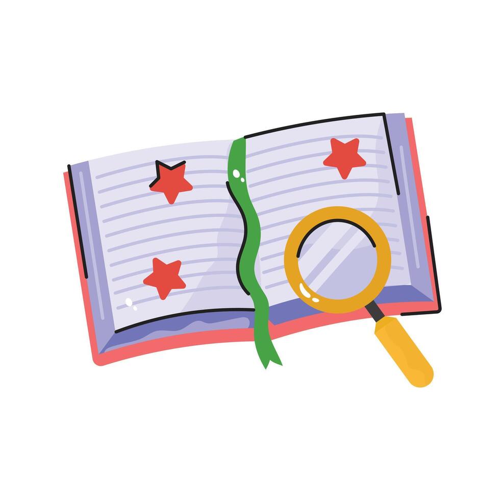 Book with magnify glass, a concept of search book sticker in sketchy design vector