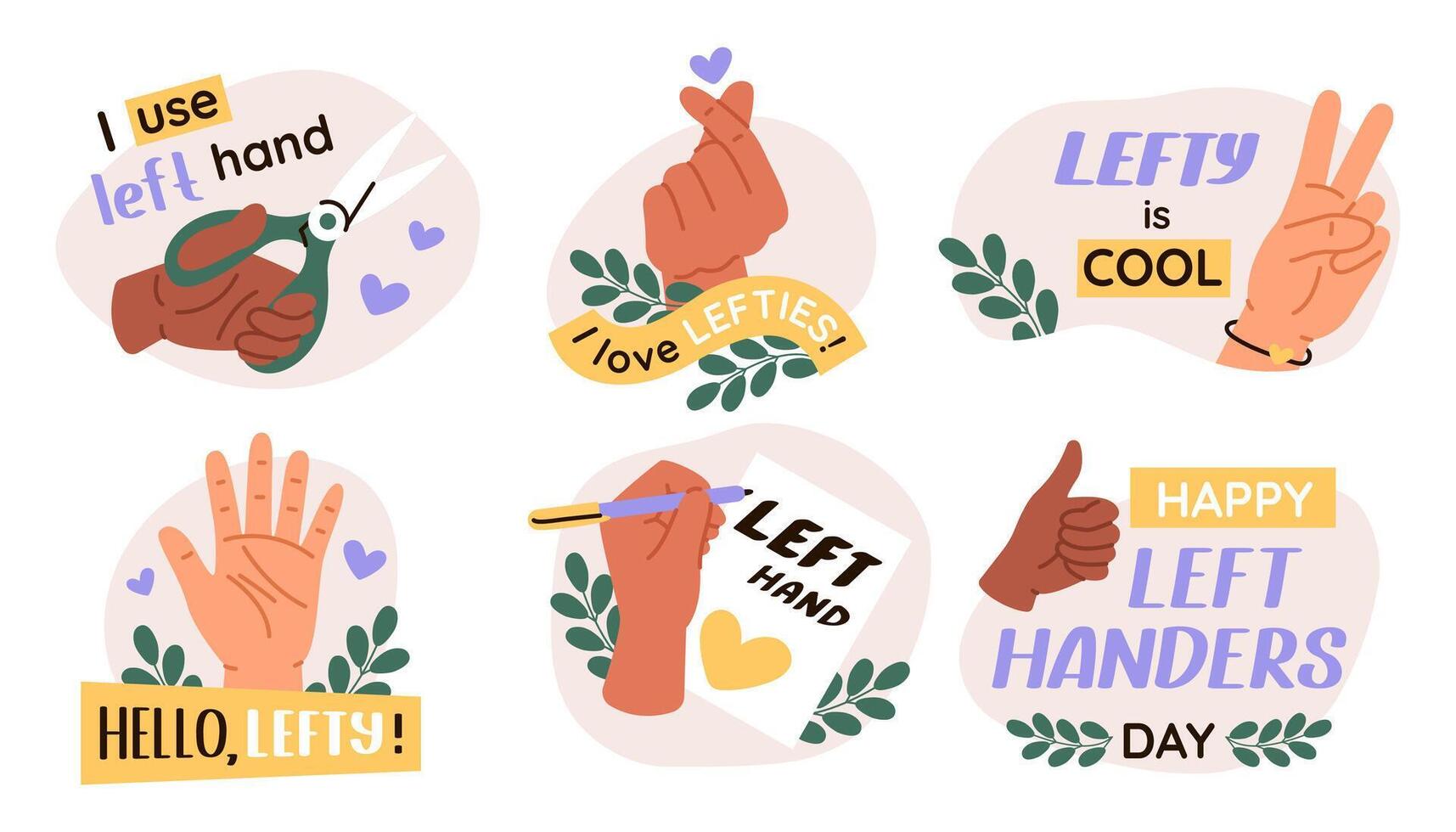 Group of illustration of left hand. Left handers day stickers. Concept of celebration lefty people day. vector