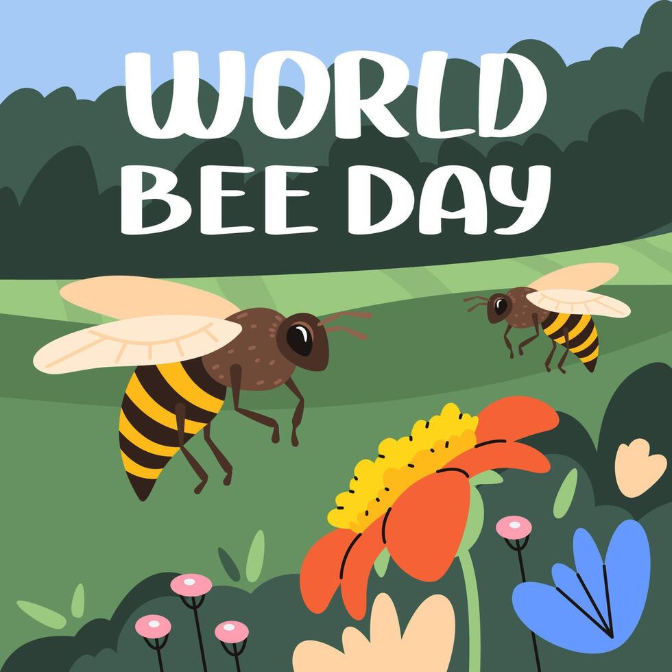 Group of honeybees fly around meadow and collect pollen from flowers. Honey bee day banner. vector