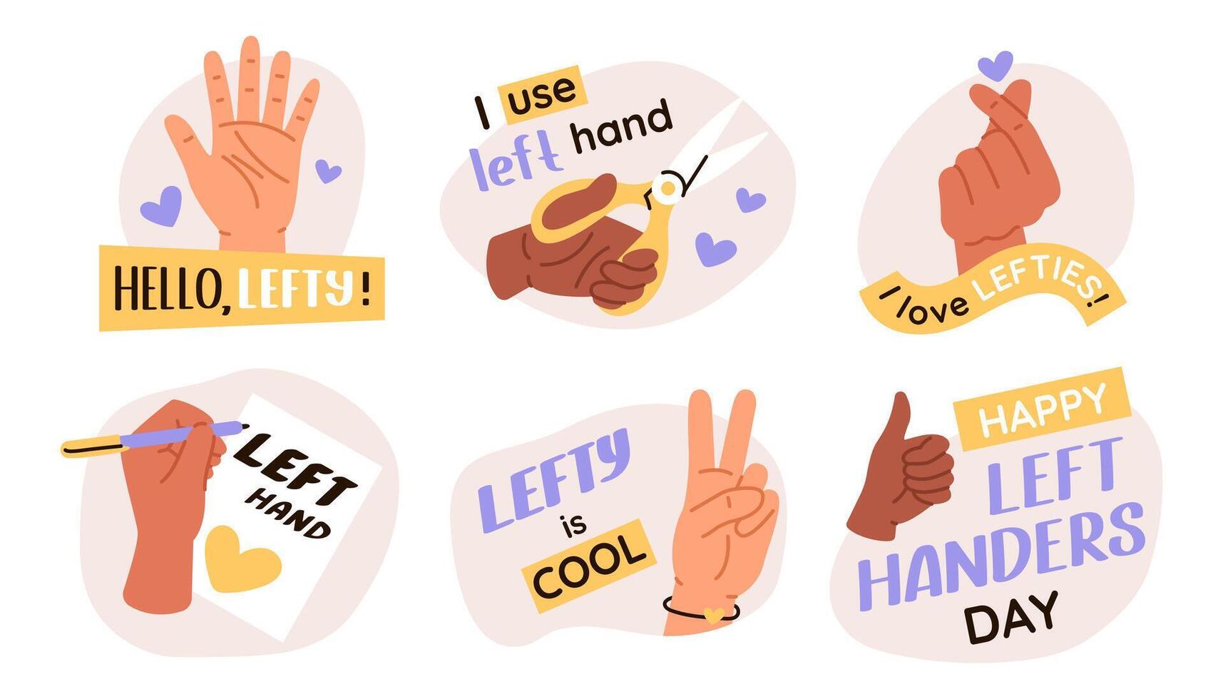 Left handers day stickers. Group of illustration of left hand. Celebration lefty people day concept. vector
