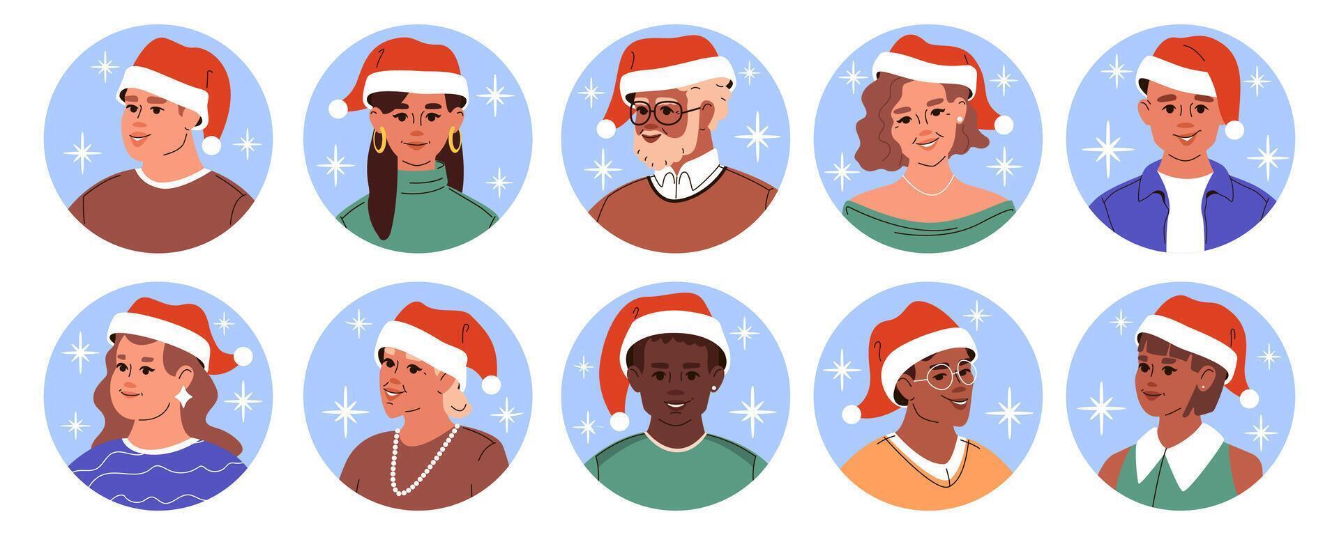 Christmas characters head portraits set. Multiracial, different ages people in xmas hat. Diverse multiethnic male and female avatars. flat round user profile icons isolated on white background. vector