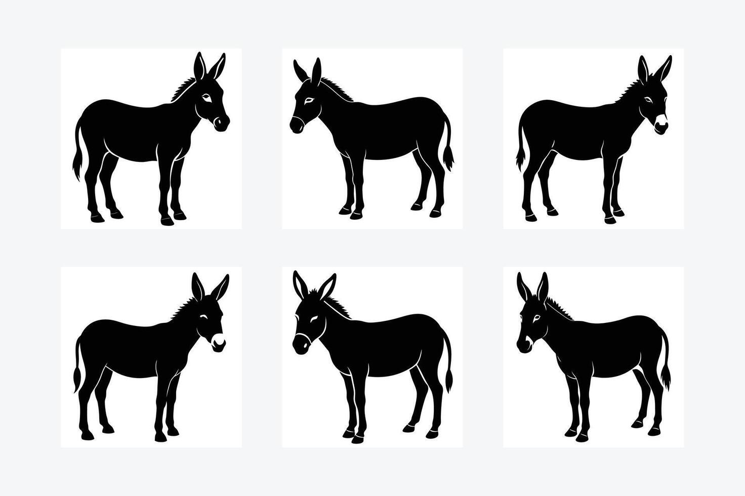 set of silhouettes of donkey vector