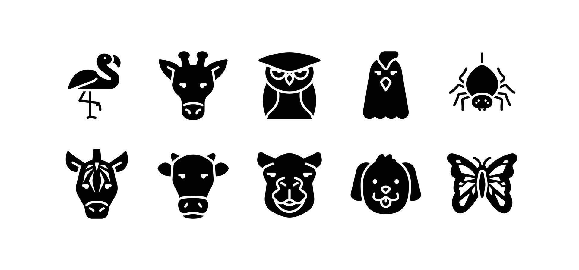 Set of animal icons. Solid glyph animal icon pack contains icon such as cow, owl, camel, zebra, spider, dog etc vector