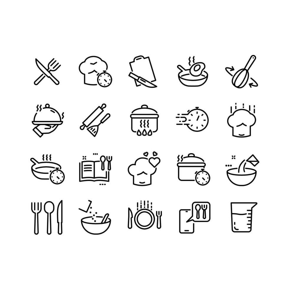 Cooking line icons. Boiling time, Frying pan and Kitchen utensils. Fork, spoon and knife line icons. Recipe book, chef hat , cooking app, timer and more vector