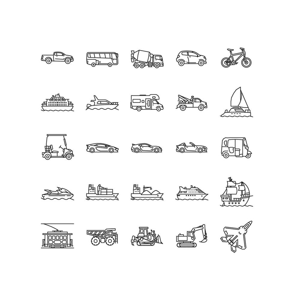 Simple Set of Transportation-Related Line Icons Contains such Icons as sport car, tram, jet fighter, jeep, sail boat, bulldozer and more vector