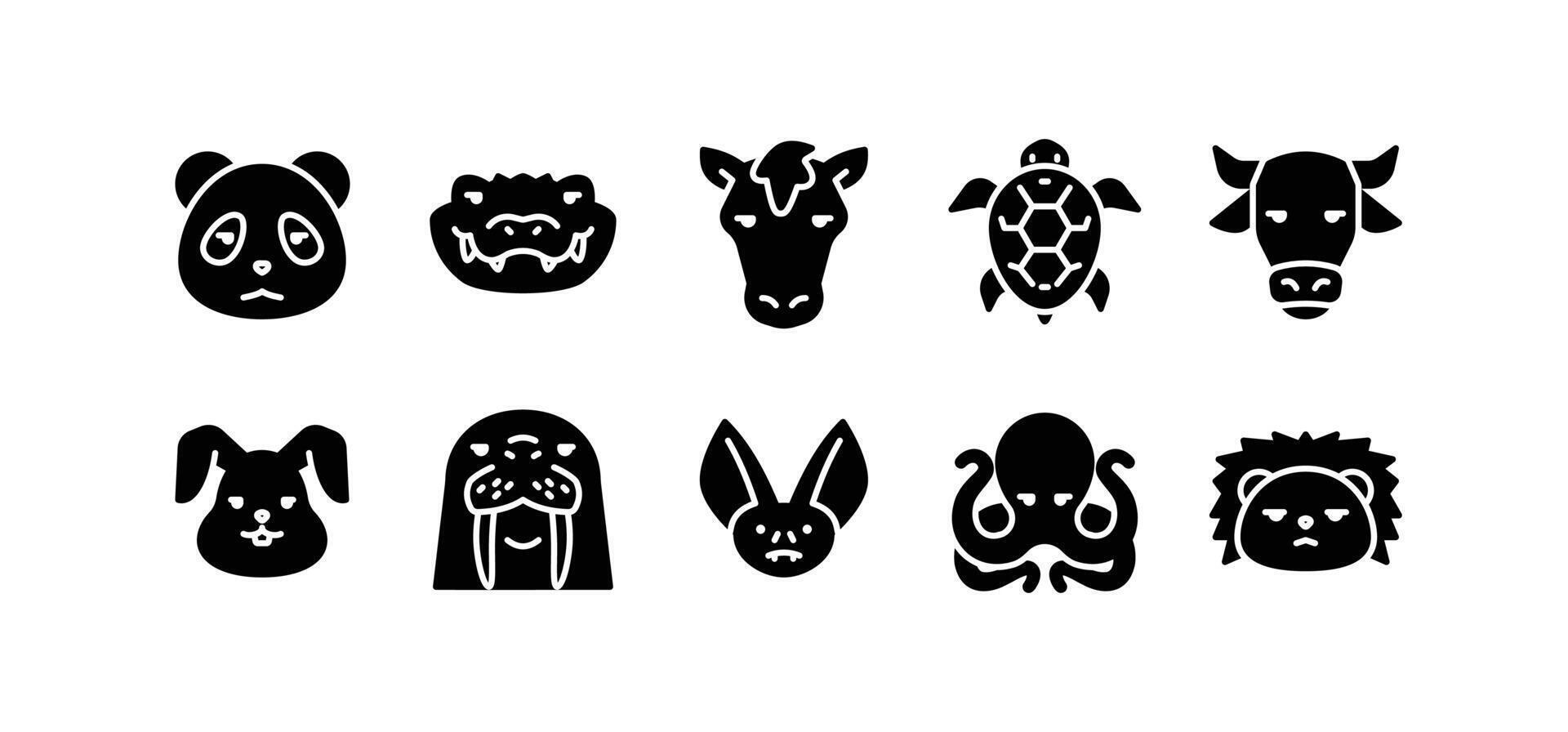 Set of animal icons. Solid glyph animal icon pack contains icon such as panda, crocodile, horse, turtle, rabbit, walrus etc. vector