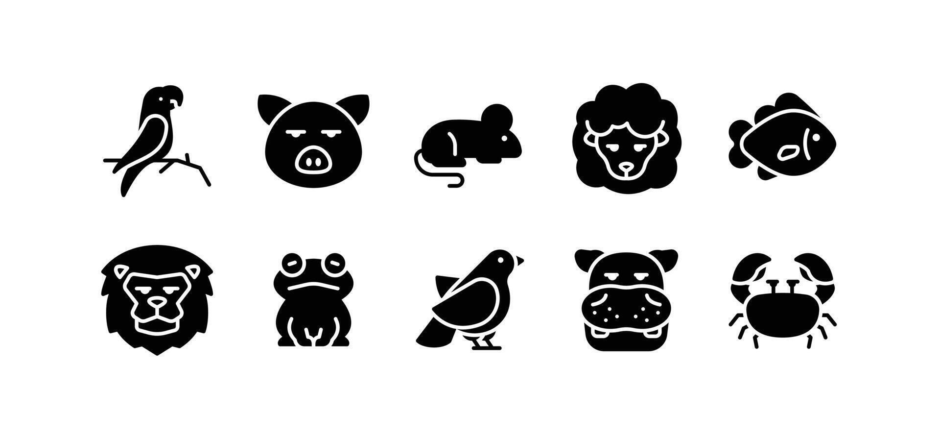 Set of animal icons. solid glyph animal icon pack contains icon such as bird, pig, frog, sheep, lion, fish etc vector