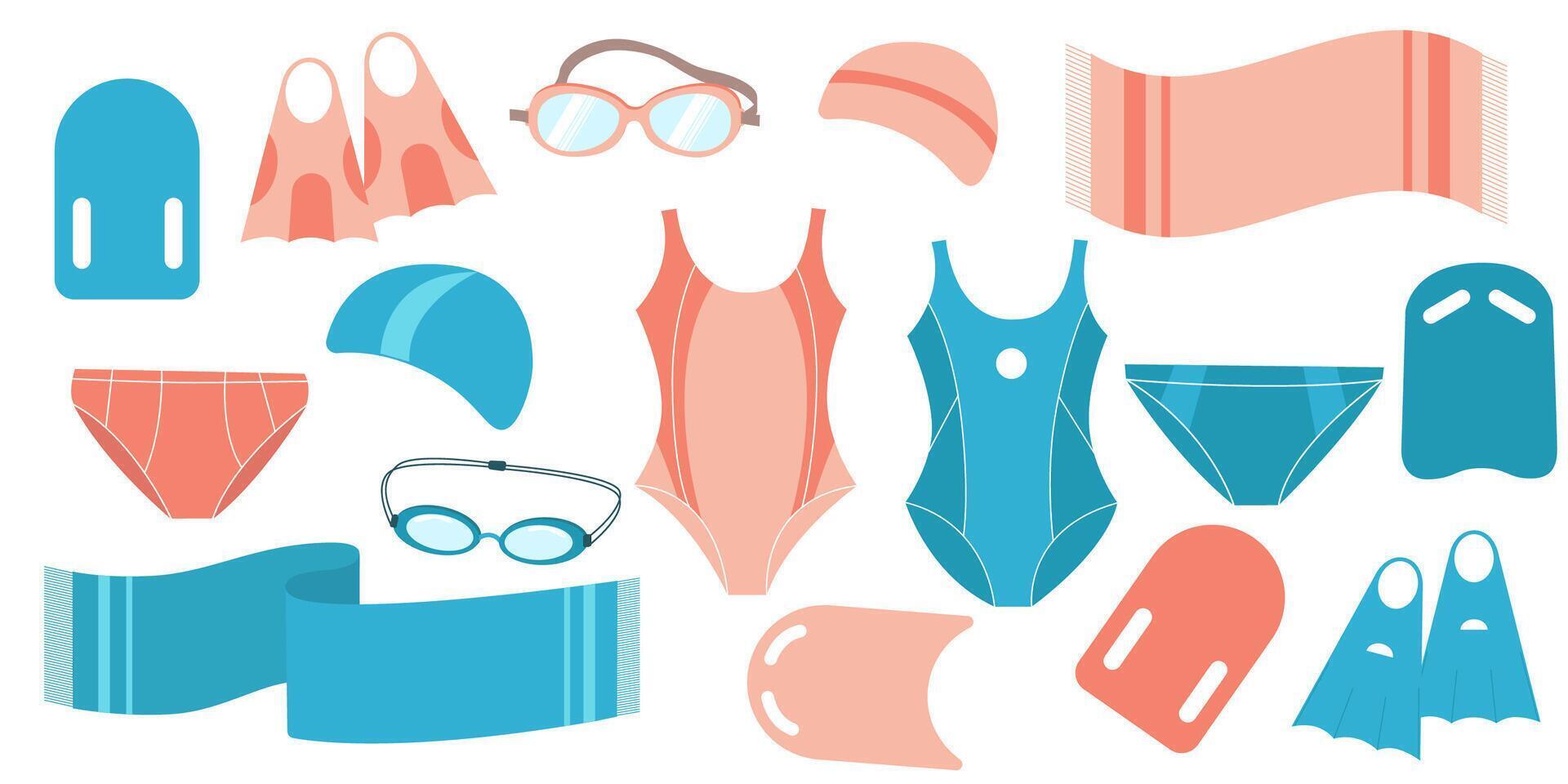Set of swim sport equipment, towel, swimsuit, goggles and flippers vector