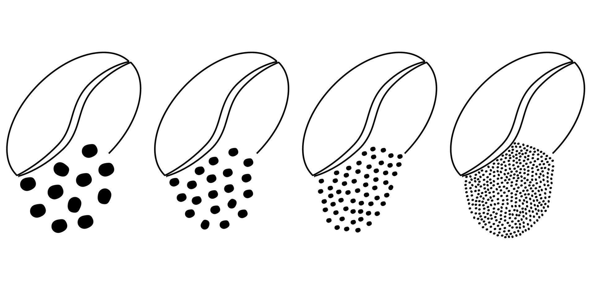 Cartoon roasted coffee beans pictogram. Coffee bean grind, size chart grains. For mug or cup. For coffee percolator. Coarse, medium or fine progress bar, loading. Manual coffee grinder. vector