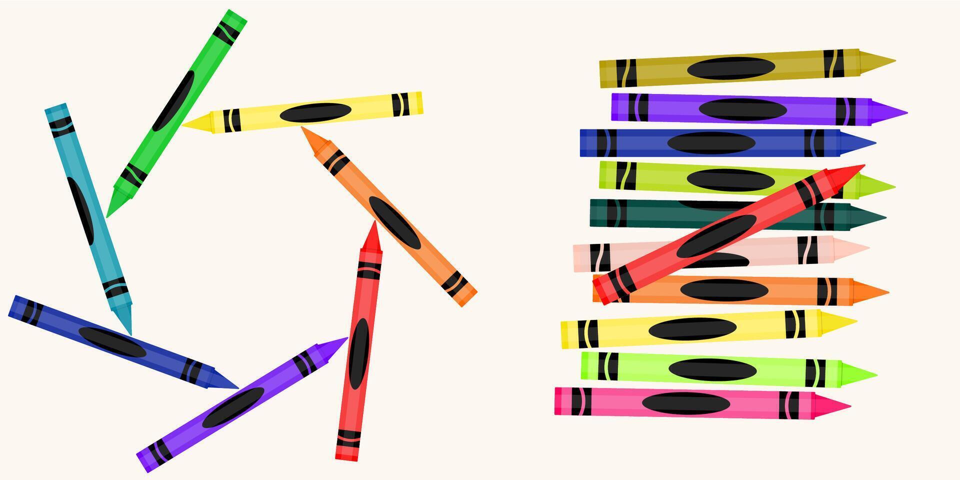Colorful wax crayon frame illustration. Education School Supply - Black, Indigo, Blue, Turquoise, Teal, Green, Yellow, Orange, Red, Pink, Purple, Brown, and Gray Crayons Isolated vector