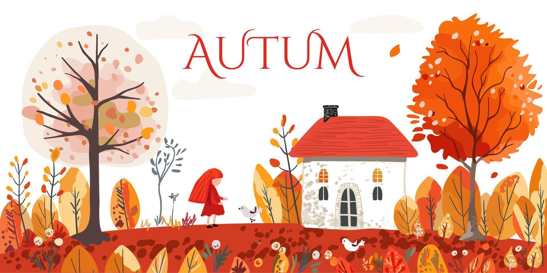 Autumn folk card. Cute white house with a red roof. Girl and birds. Red orange trees, bushes and flowers. Leaf fall. Hand drawn. Flat vector
