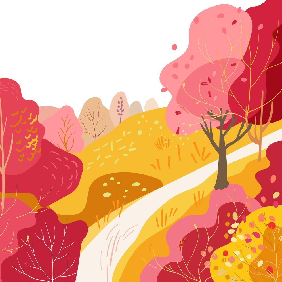 Path in the hills. Autumn red yellow trees and bushes. Square poster folk postcard. Hand drawn, vector