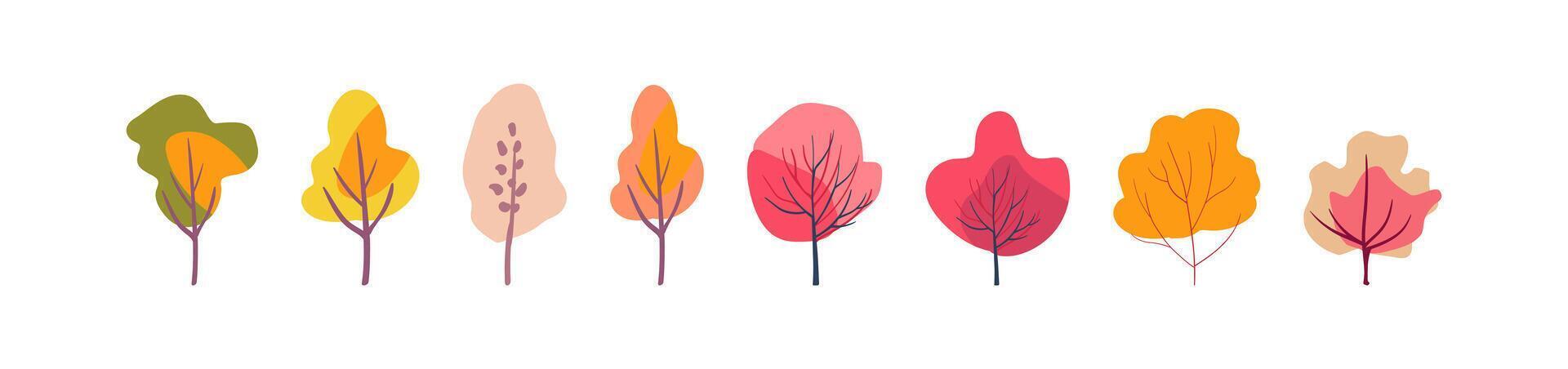 Autumn set of colorful trees. Pink and red folk plants. Orange and yellow tree crowns on a white background. Hand drawn. Flat vector