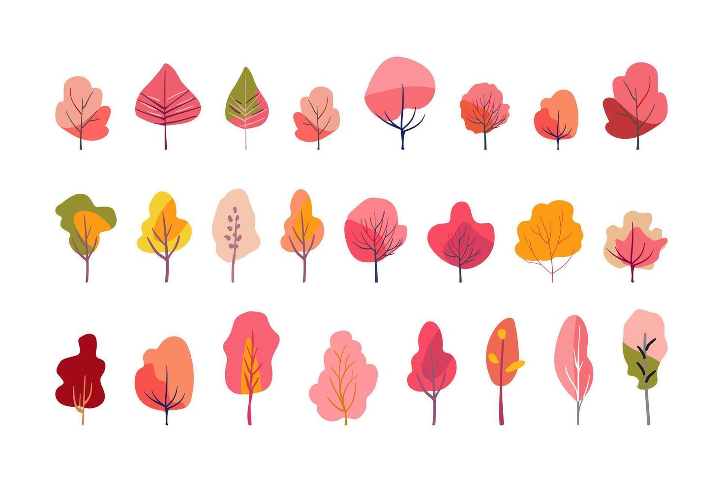 Autumn set trees folk. Pink and red plants. Orange and yellow tree crowns on a white background. Hand drawn. Isolated vector