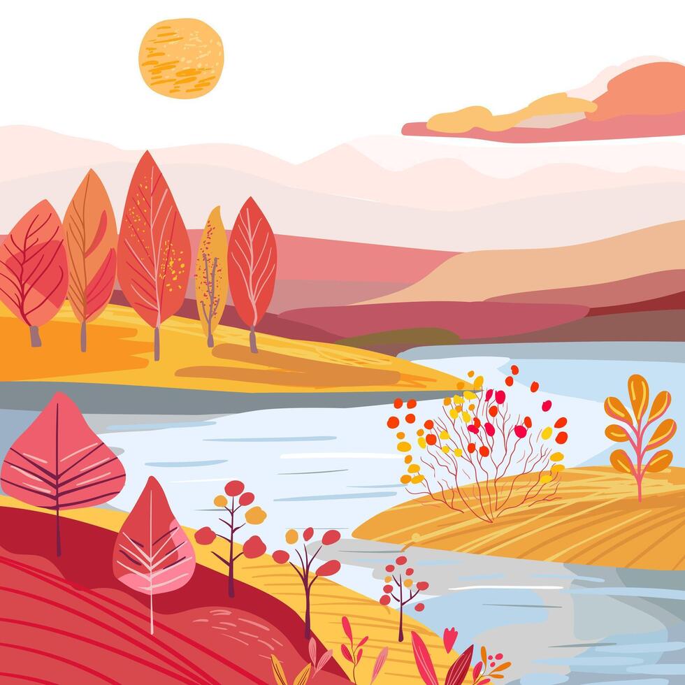 Autumn landscape with river and folk hills. Yellow island on the lake. vector