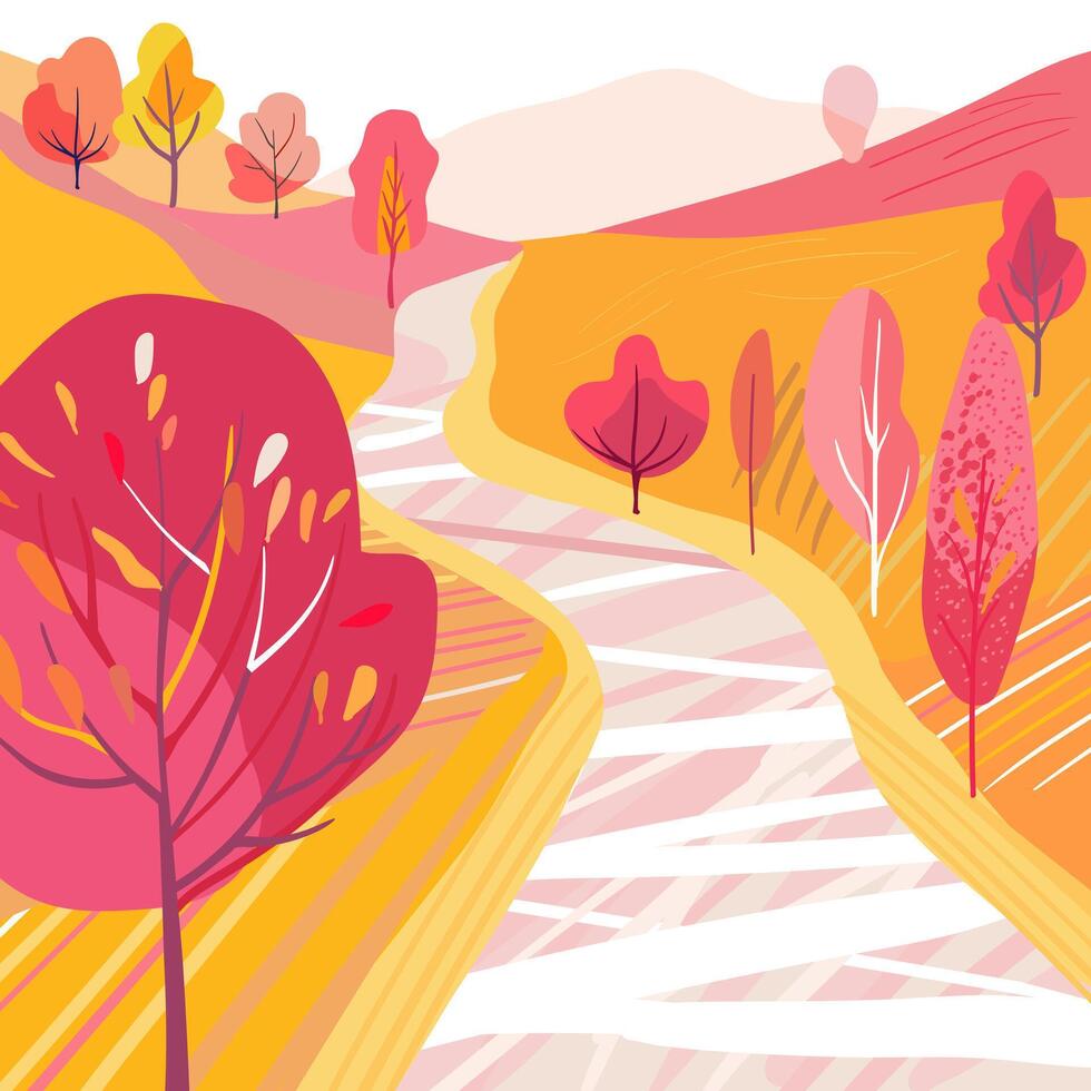 Path in the hills. Autumn red pink trees and plants. Yellow fields. Square poster postcard. Hand drawn, vector
