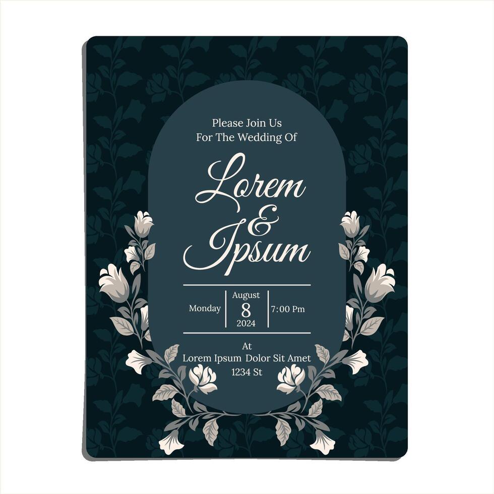 WEDDING INVITATION DESIGN WITH DARK BACKGROUND AND GREY FLOWERS AS A FRAME vector