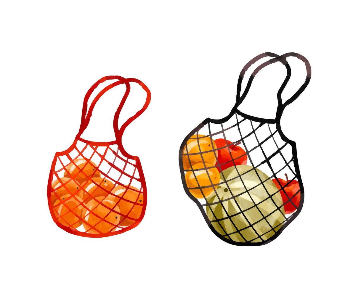Set of eco friendly bags, mesh bag, paper bag, tote for supermar vector