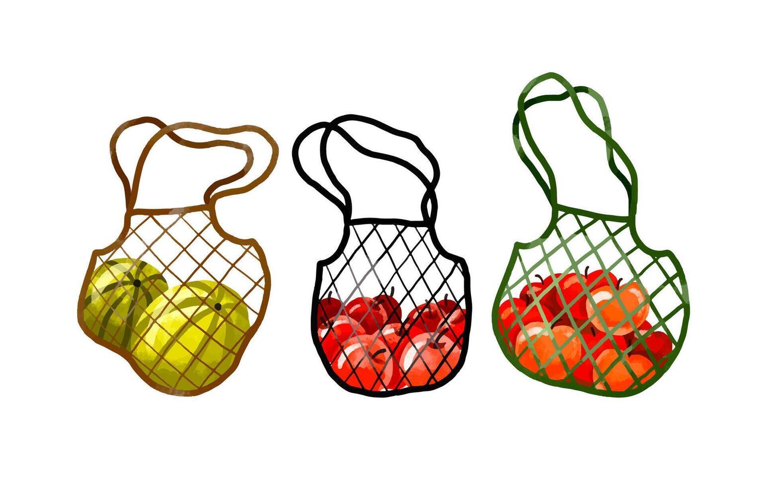 Mesh bag with oranges, apples, watermelons, bottles of water and vector