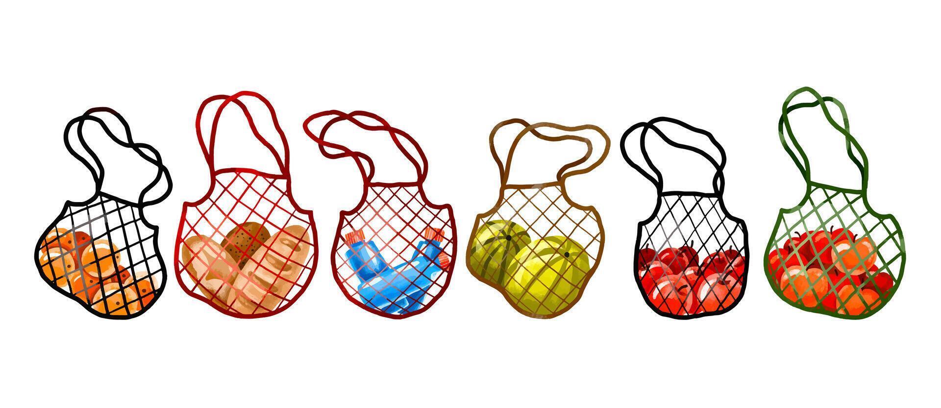 Mesh bag with oranges, apples, watermelons, bottles of water and vector