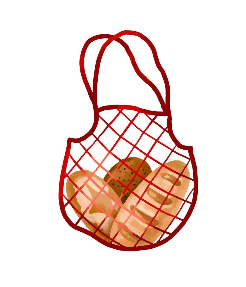 Mesh bag with oranges, apples, watermelons, bottles of water and vector
