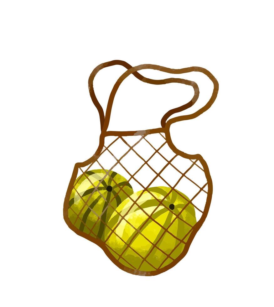 Mesh bag with oranges, apples, watermelons, bottles of water and vector