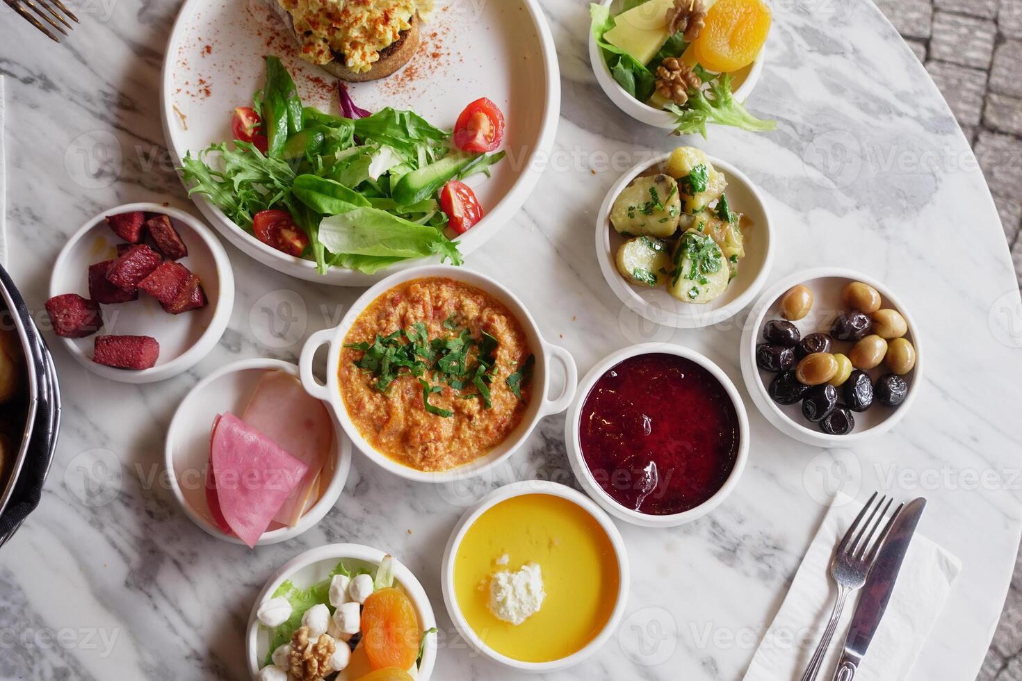 Turkish Breakfast Served on Table photo