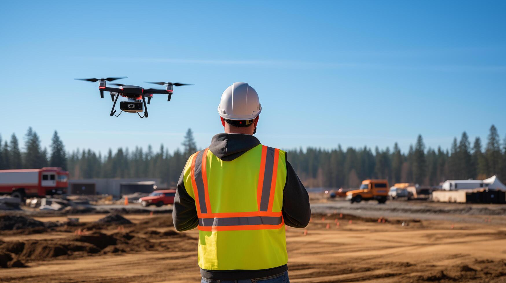 Supervisor operates drone at construction site photo realistic image. Male inspector in safety helmet and vest photography wallpaper. Worksite picture scene. Technology at work concept
