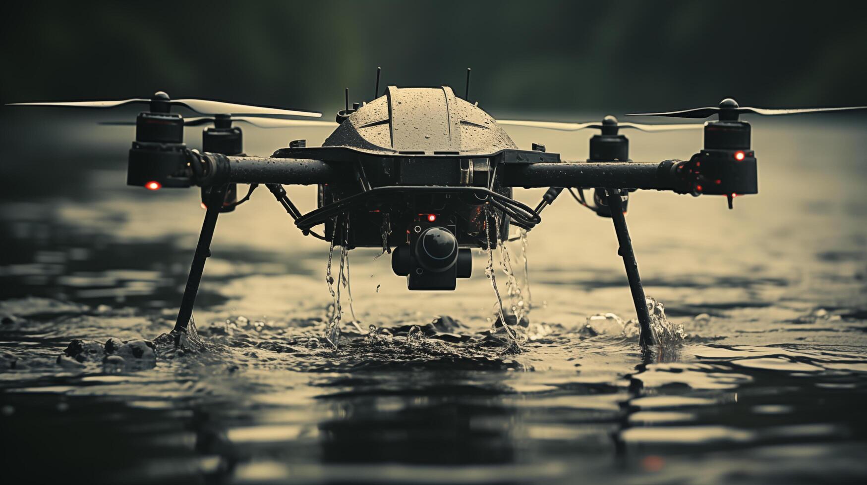 Rugged, water-resistant drone hovers above river closeup image. Droplets falling from UAV close up photography. Water-based mission concept photo. Environmental monitoring picture photo