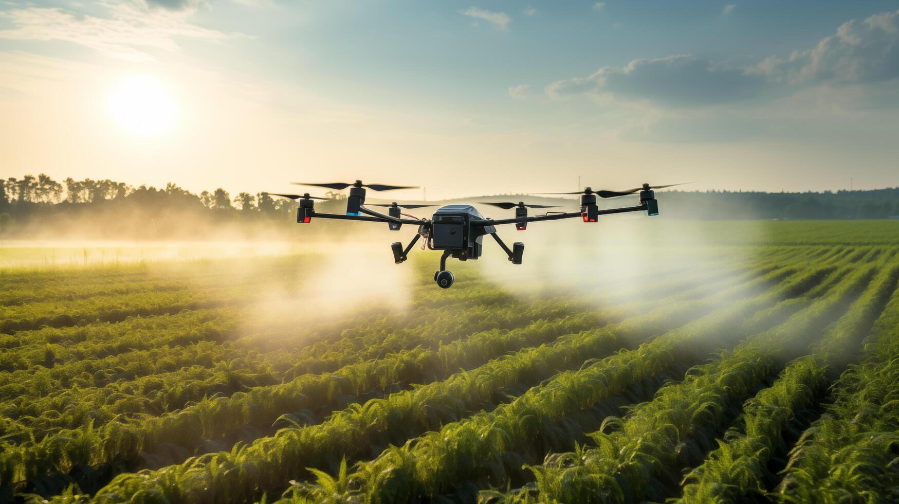Drone sprays over lush farmland in morning closeup image. UAV close up photography marketing. Modern precision agriculture concept photo realistic. Crop dusting picture photorealistic