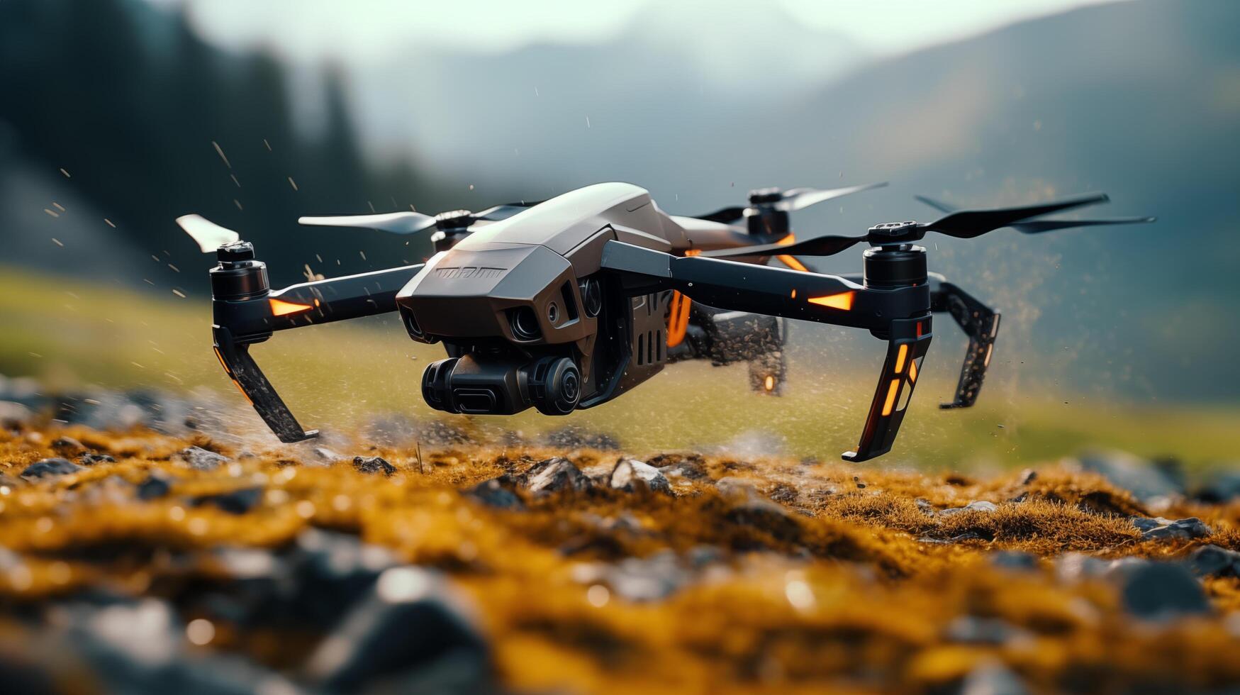 Dusted drone flying among autumn mossy stones closeup image. Mountainous terrain UAV close up photography marketing. Technology concept photo realistic. Wilderness quadcopter picture