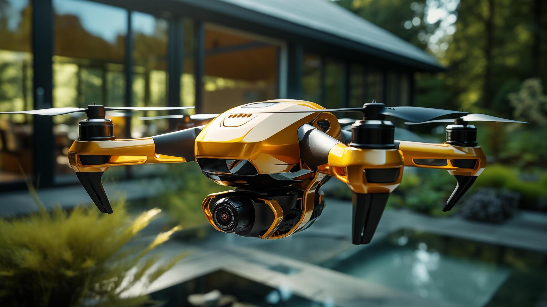 Yellow drone hovering in backyard closeup image. Real estate UAV close up photography marketing. Technology concept photo realistic. Home showcase outside picture photorealistic