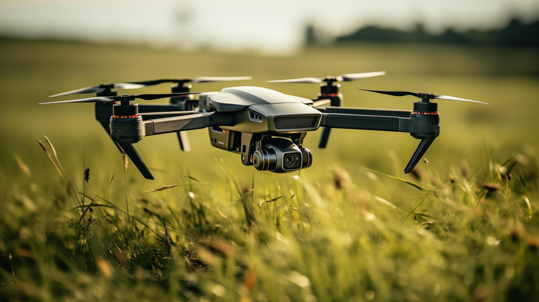 Modern drone hovers above lush meadow closeup image. UAV with camera close up photography marketing. Environmental monitoring concept photo realistic. Landscape picture photorealistic