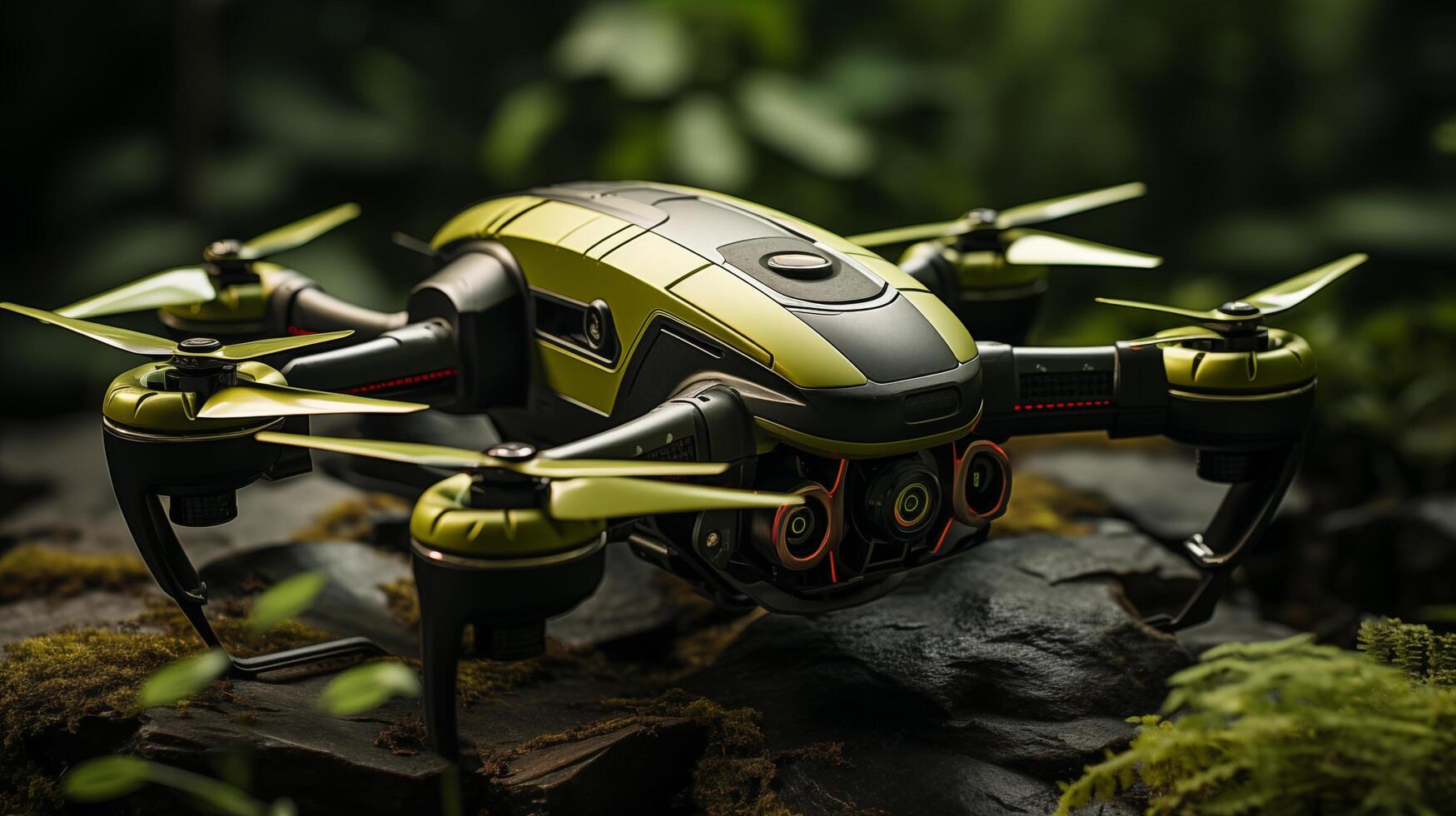 High-tech drone perches on mossy woodland ground closeup image. UAV rotors ready for flight close up photography marketing. Technology concept photo realistic. Quadcopter standby picture