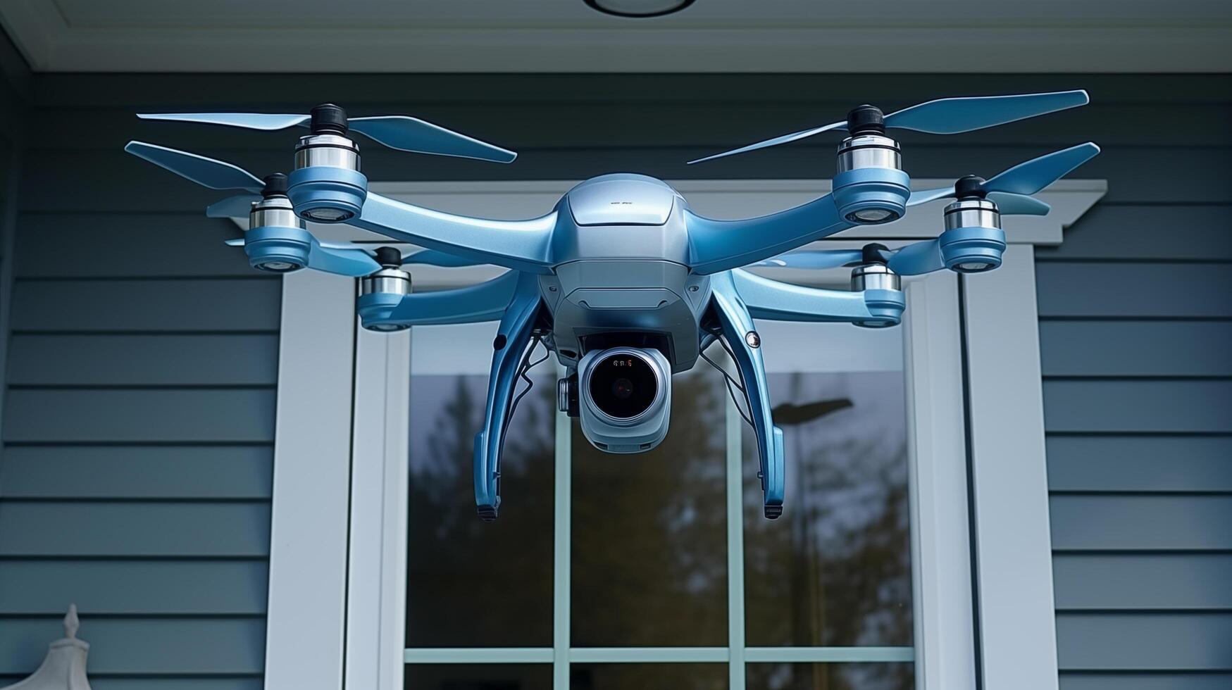 High-performance drone in suburban setting closeup image. Real estate UAV close up photography marketing. Technology concept photo realistic. Property monitoring picture photorealistic