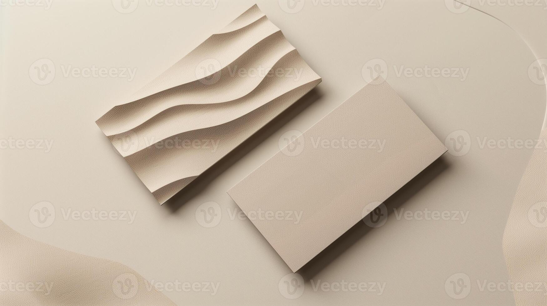Minimalistic blank card mockup on beige surface with wavy texture accent. Elegant and creative design. Businesscard template advertising image. Stationery mock up product photorealistic photo
