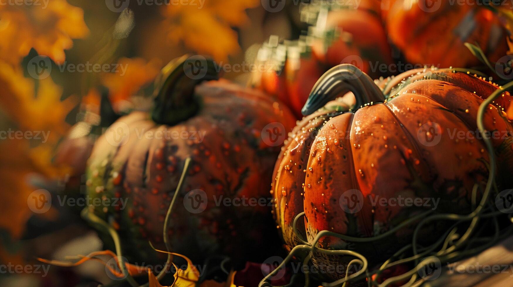 Closeup pumpkins with stems and drops in autumn image. Blurred soft light. Festive fall. Countryside scenery close up photography. Seasonal harvest concept photo realistic