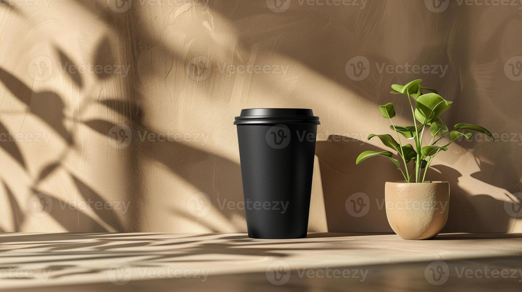 Black takeaway coffee cup mockup on textured beige surface with potted plant. Coffeecup template advertising image. Warm and inviting atmosphere. Takeout disposable mock up product photo
