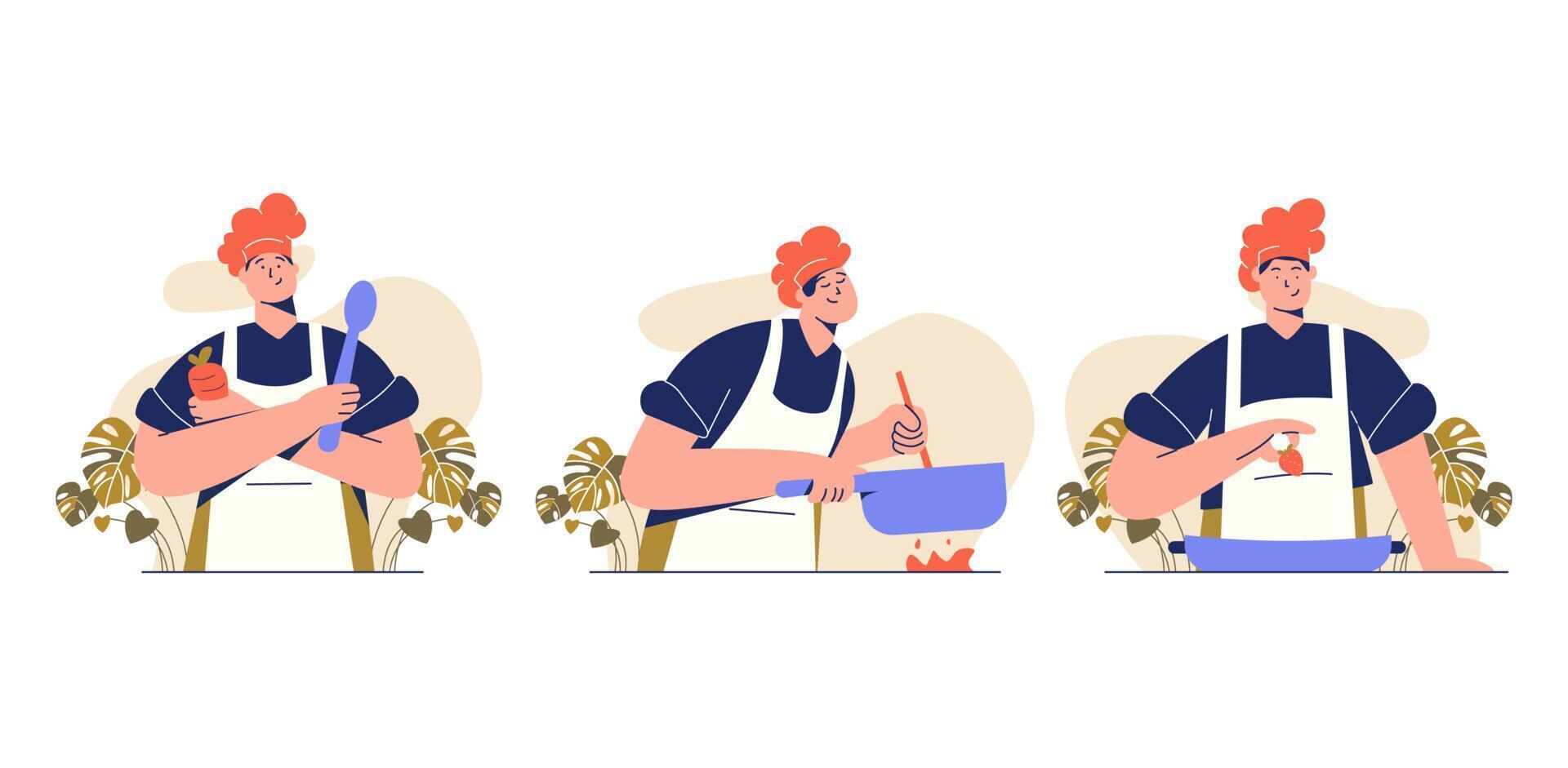 flat illustration hand drawflat illustration hand drawn chef cooking and serving vector