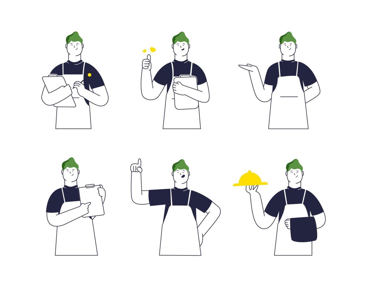 professional restaurant waiter line illustration set vector
