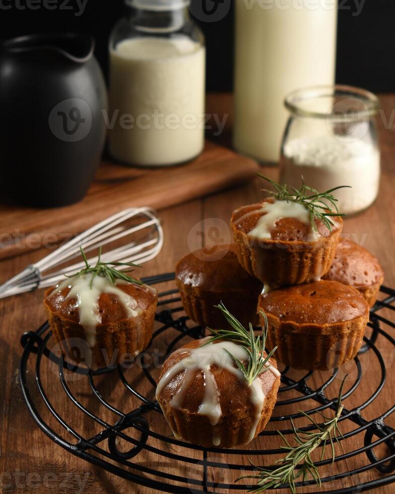 Stack of Chocolate Muffin with Sauce photo