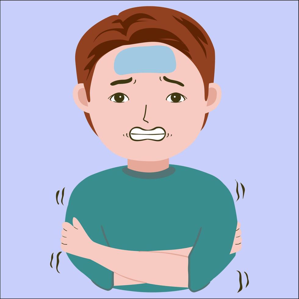Illustration graphic of young man shivering and get fever, good for showing sick symptoms, isolated on blue background vector