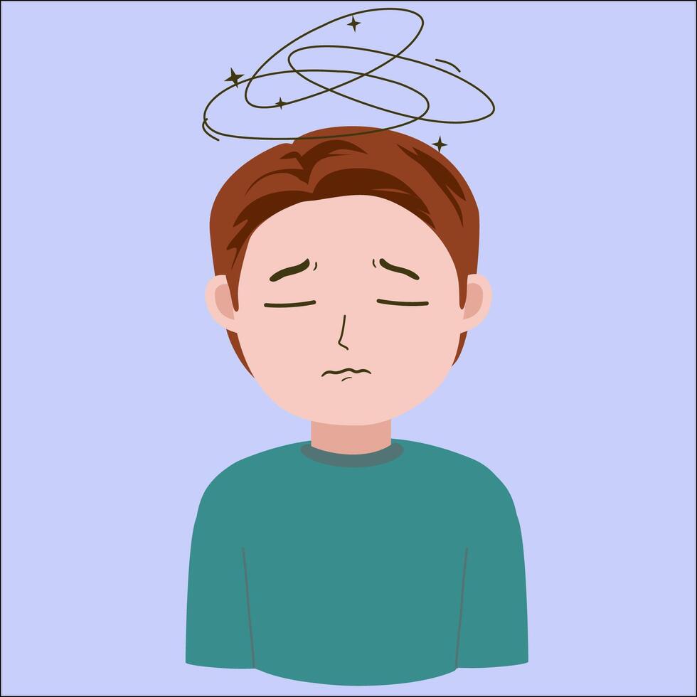 Illustration graphic of young man dizzy stressed, good for showing sick symptoms, isolated on blue background vector