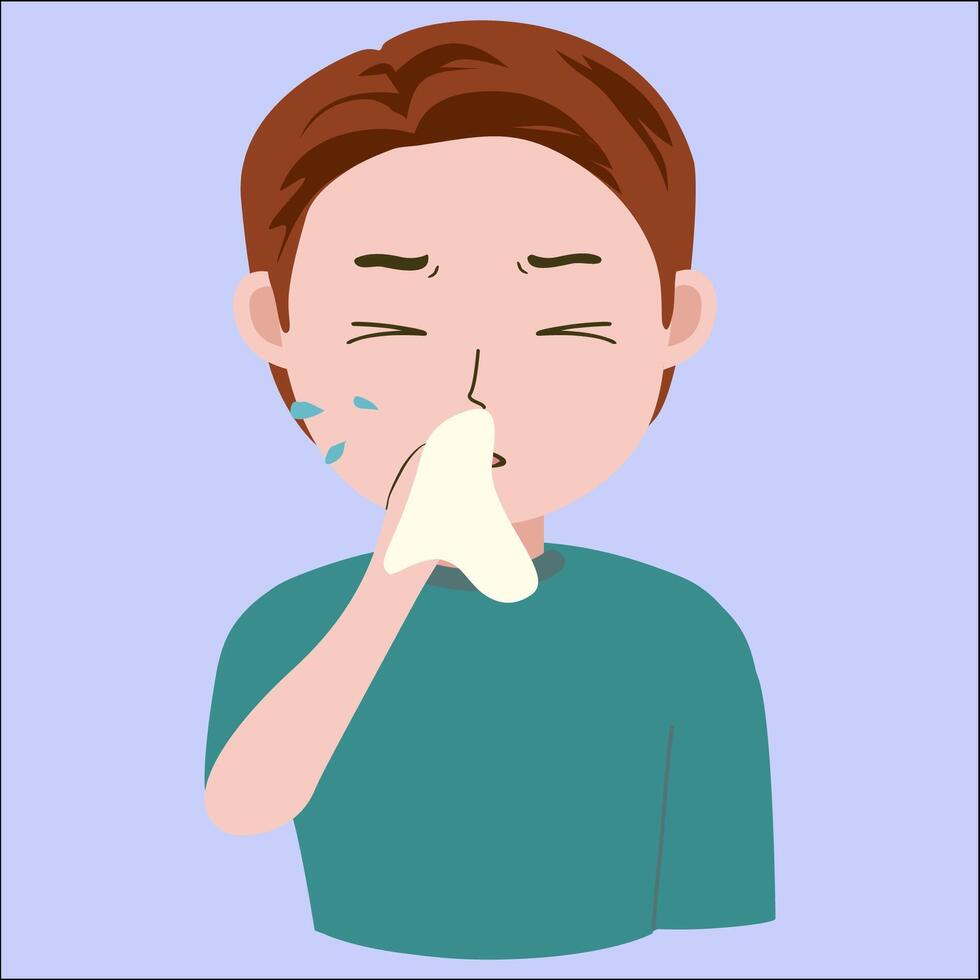 Illustration graphic of young man sneezing, flu , good for showing sick symptoms, isolated on blue background vector