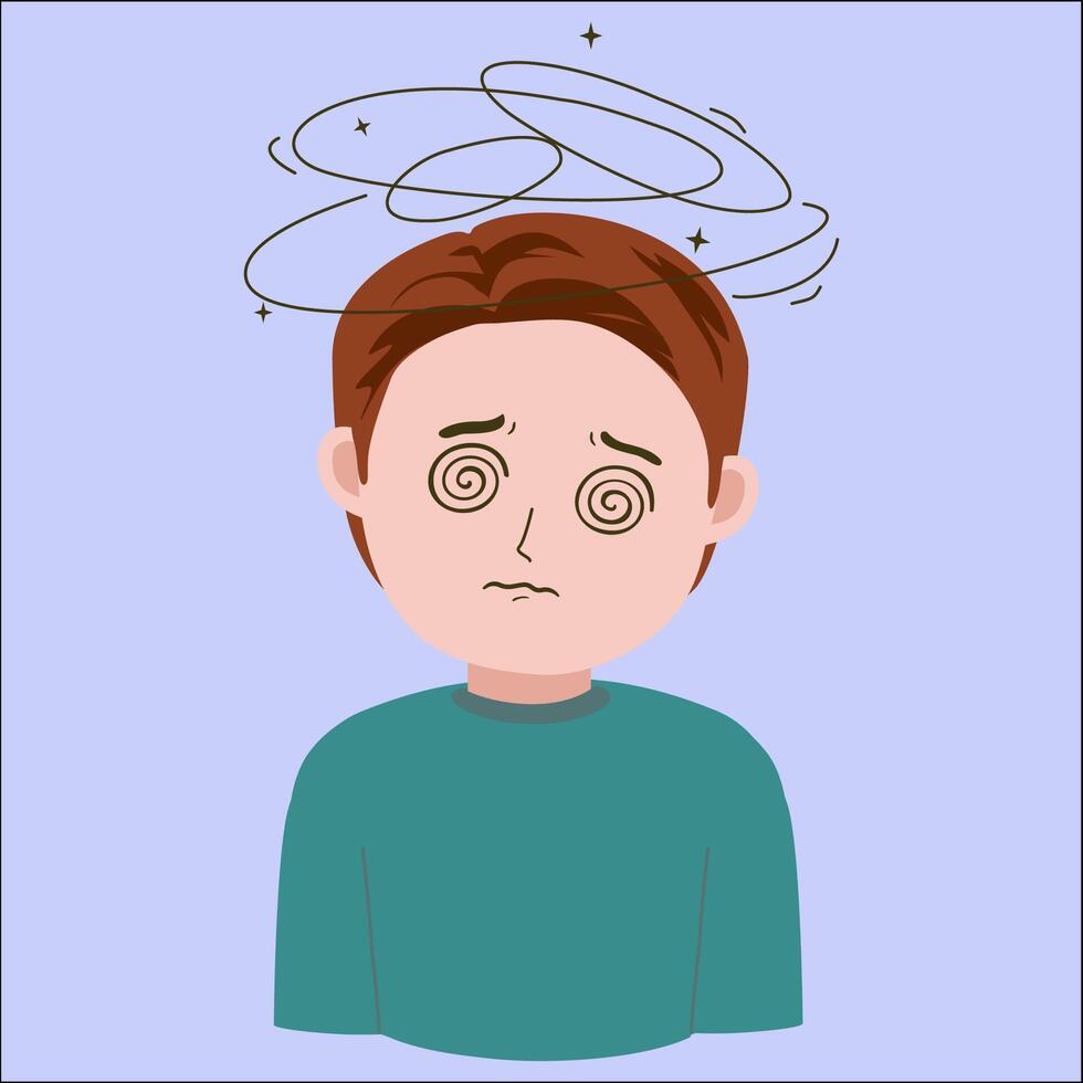 Illustration graphic of young man dizzy stressed, good for showing sick symptoms, isolated on blue background vector