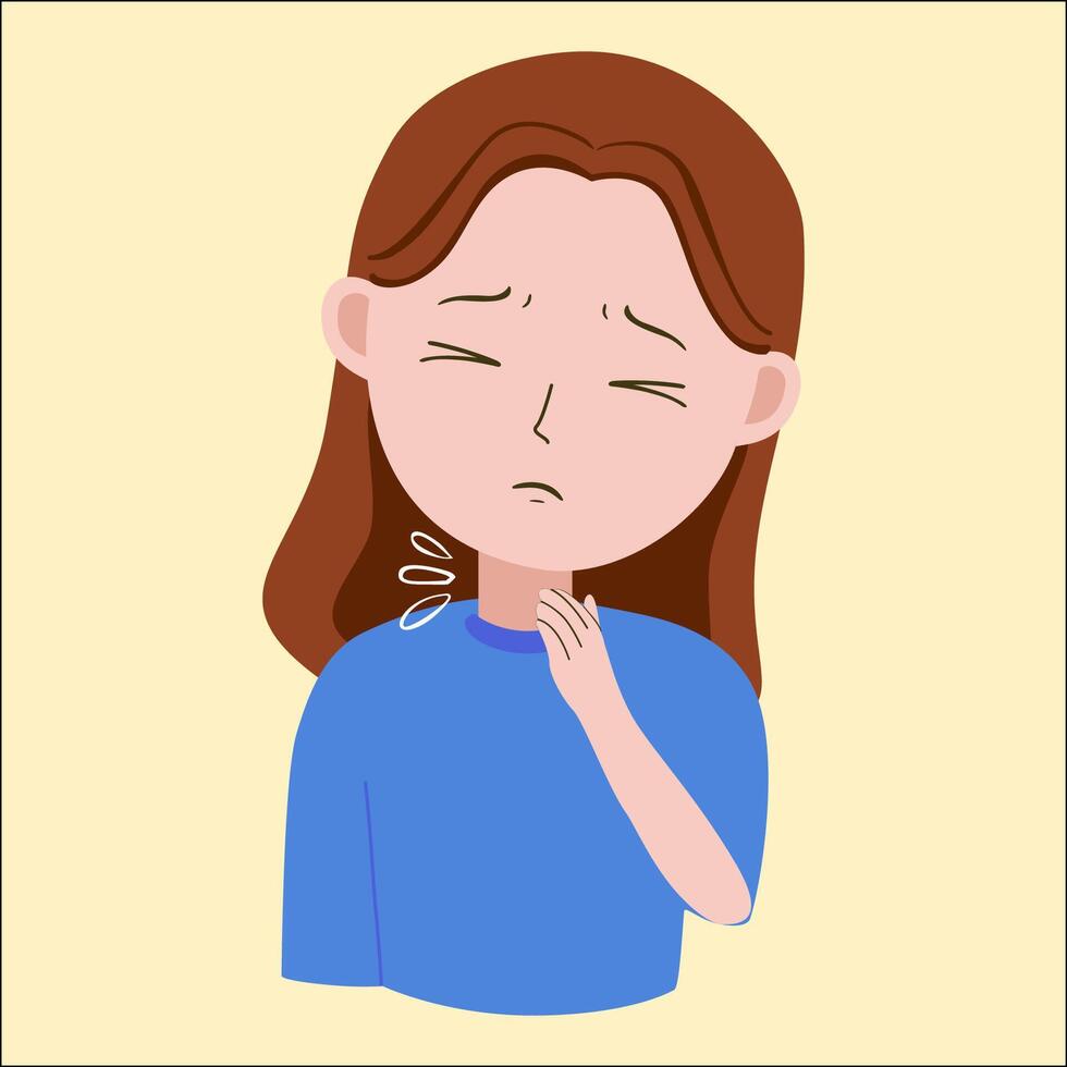 Illustration of woman feels sick symptoms, sore throat, neck ache , isolated on light yellow background vector